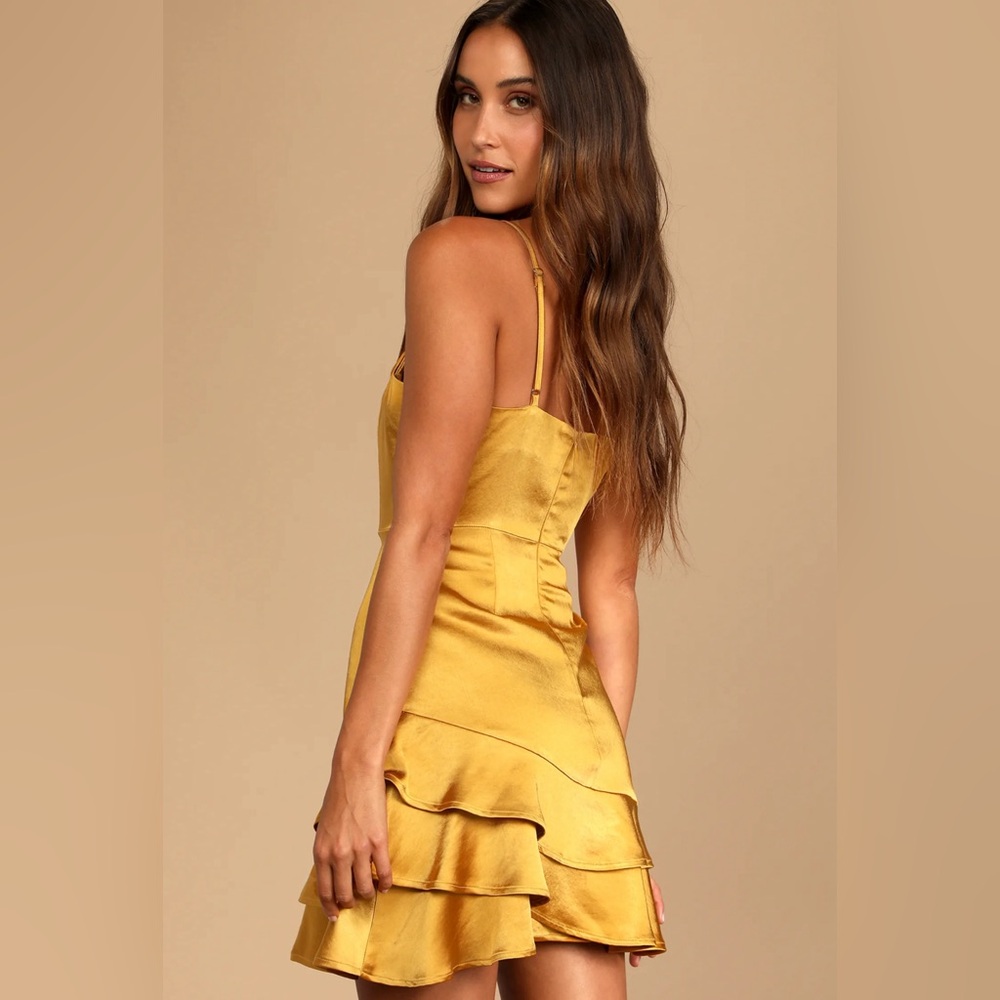 Dreams Come True Mustard Yellow Satin Ruffled Mini Dress